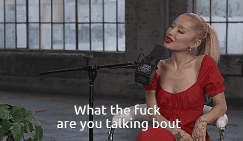 a woman in a red dress is sitting in front of a microphone with the words what the fuck are you talking bout