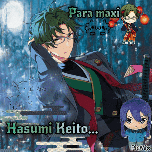 a picture of a man with green hair and the name hasumi keito on the bottom