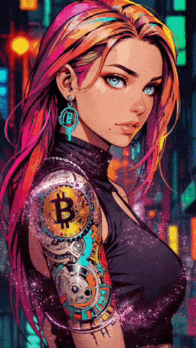 a girl with a tattoo on her arm has a bitcoin symbol on it