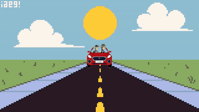 a pixel art illustration of a red ford car with two people in the back seat