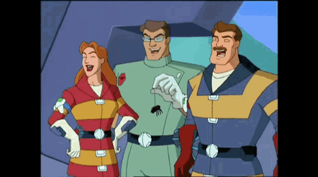 three cartoon characters are standing next to each other and one is holding a spider