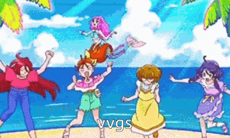 a group of girls are dancing on a beach with the word vvgs in the corner .