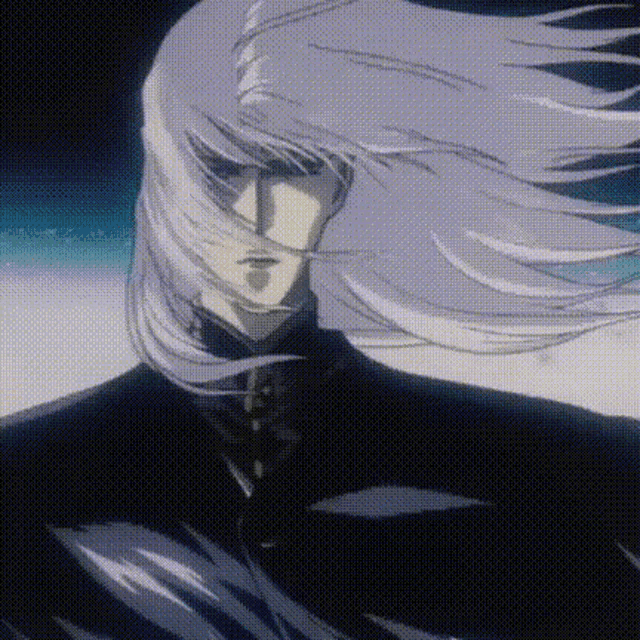 a man with long white hair is wearing a black shirt