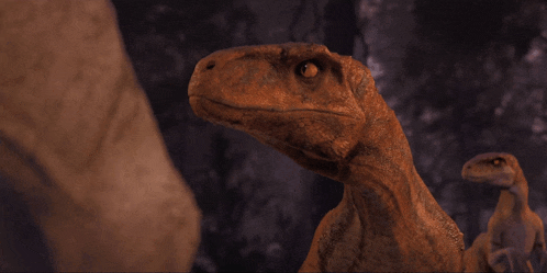 a close up of a dinosaur 's head with a dark background