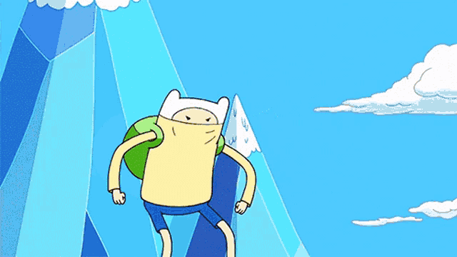 a cartoon character is standing in front of a mountain with hearts flying in the air