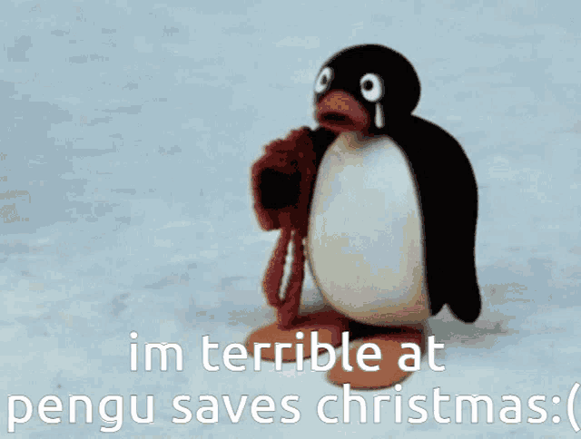 a penguin holding a red scarf with the words " im terrible at pengu saves christmas "