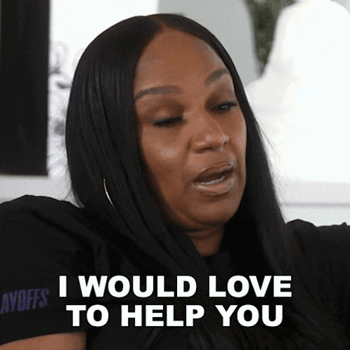 a woman says i would love to help you while wearing a black shirt