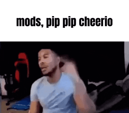 a man in a blue shirt is sitting in a room with the words mods , pip pip cheerio .