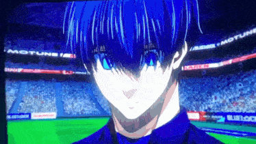 a blue haired anime character is standing in front of a soccer field