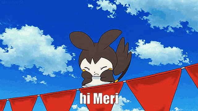 a cartoon character says hi meri while standing on a line of red flags