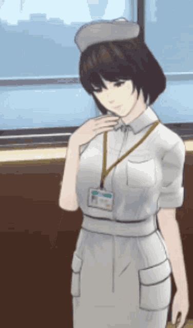 a nurse in a white uniform has a name tag on her neck