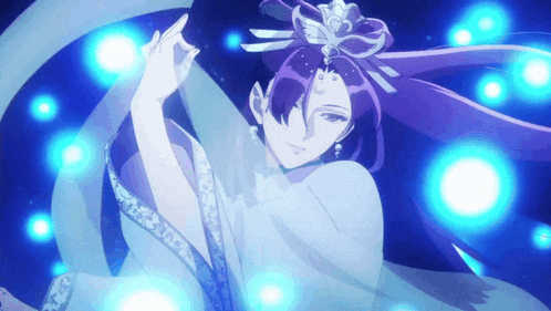a woman with long purple hair is surrounded by blue light