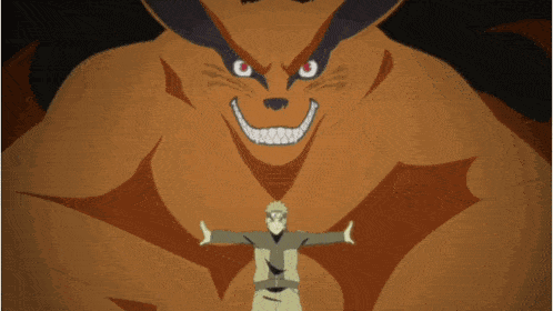 a cartoon of a man standing in front of a monster with red eyes
