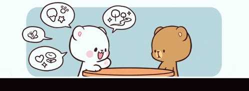 two teddy bears are sitting at a table with speech bubbles above them