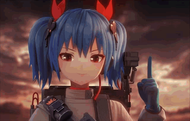 a girl with blue hair and red horns is holding up her finger