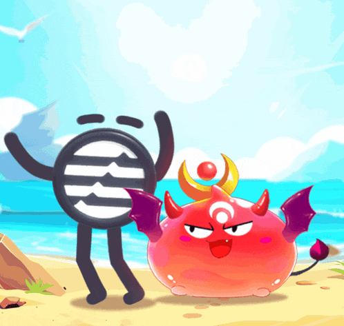 a cartoon character with a smiley face standing next to a red monster with horns