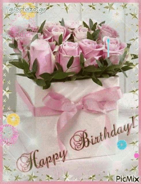 a birthday card with a box of pink roses and the words happy birthday