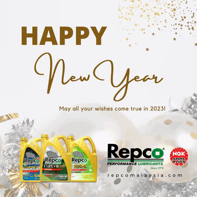 an advertisement for repco performance lubricants says happy new year may all your wishes come true in 2023