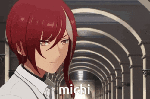 a cartoon character with red hair and the name michi on the bottom