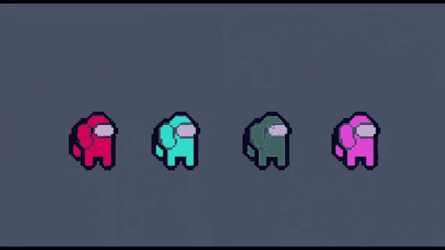 a pixel art of four among us characters in different colors on a blue background .