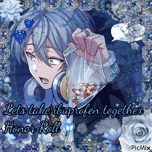 a picture of a boy holding a bag of ibuprofen with the words let 's take ibuprofen together honor roll