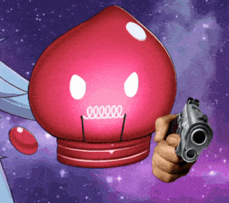 a person is pointing a gun at a red light bulb with a spiral mouth