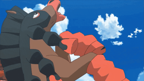 a cartoon character with a blue sky and clouds behind him