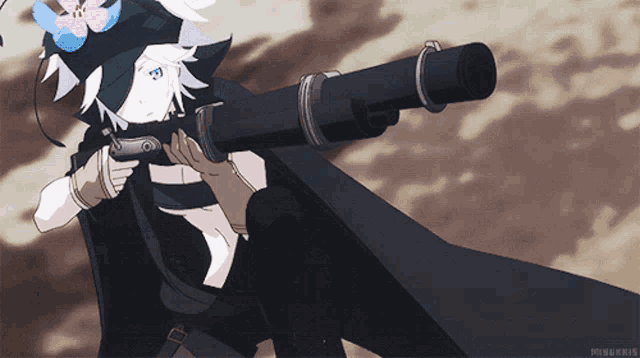 a girl in a black cape is holding a cannon and the word miyawakis is on the bottom of the image