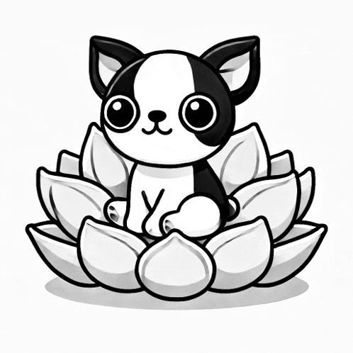 a black and white cartoon dog is sitting on a flower