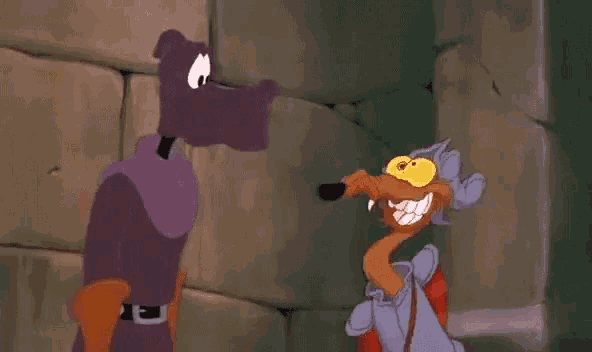 a cartoon dog and a cartoon dragon are standing next to each other and talking .