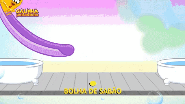a cartoon of a chicken taking a bath with the words bolha de sabão below it