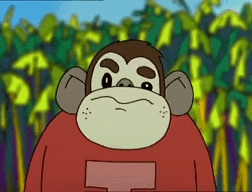 a cartoon monkey wearing a red shirt is standing in front of a field of plants .