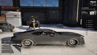 a video game screen shows a car and a helicopter in a hangar