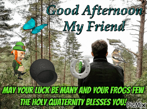 a good afternoon my friend greeting card with a leprechaun and a horseshoe