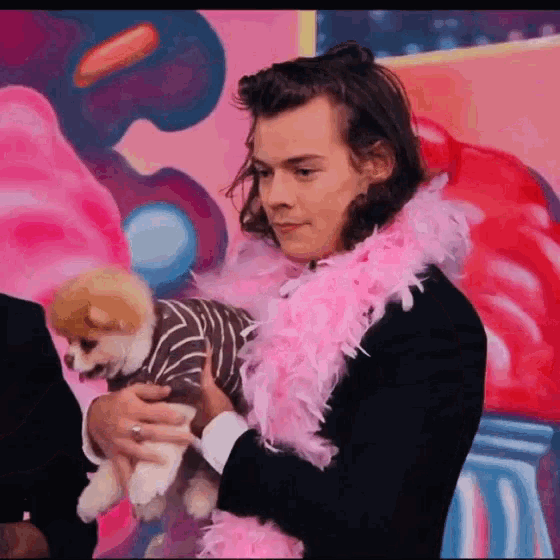 a man wearing a pink boa is holding a small dog in his arms .