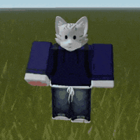 a white furry cat wearing a blue hoodie and jeans