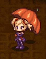a pixel art drawing of a girl holding an orange parachute