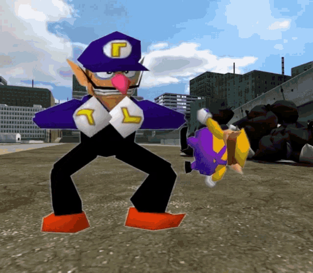 a cartoon character wearing a purple hat with a yellow letter g on it
