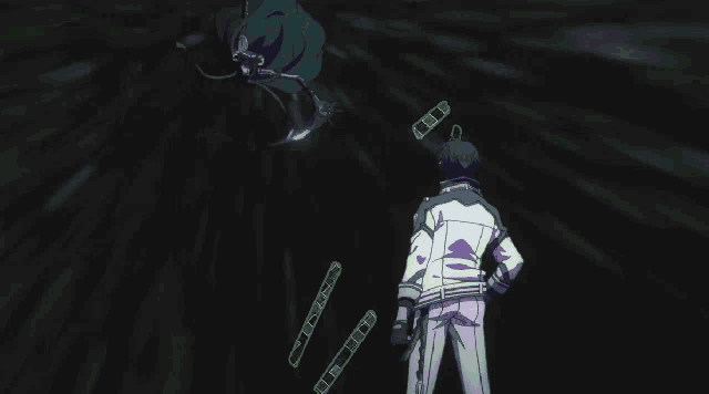 a man in a white jacket is holding a shield in front of a blue swirl