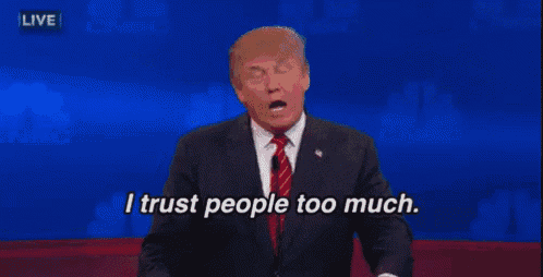 a man in a suit and tie is giving a speech and saying i trust people too much