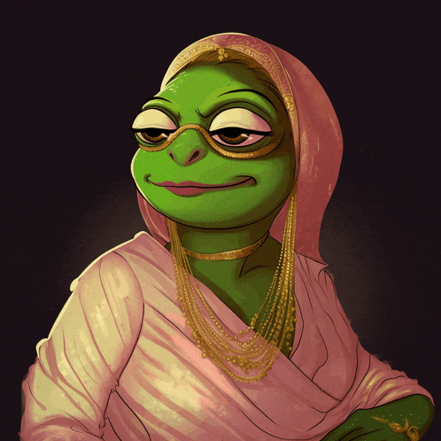 a green frog wearing a pink shawl and gold necklaces