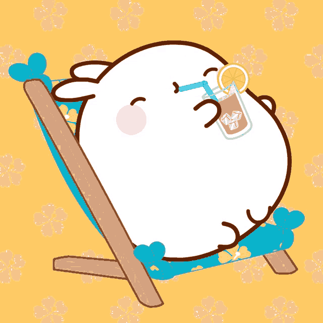 a cartoon bunny is sitting in a chair drinking a drink