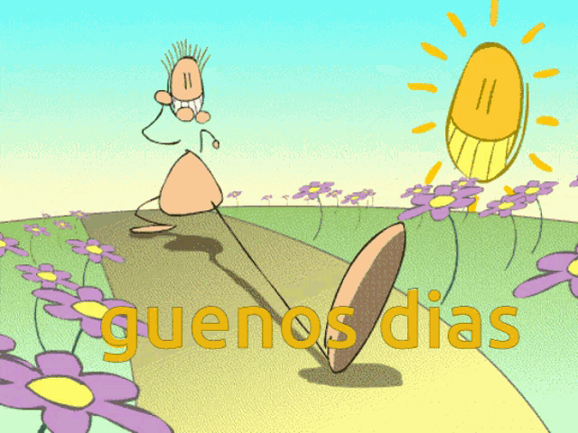 a cartoon drawing of a man walking down a path with the words buenos dias written below him