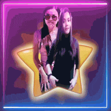 two women are standing next to each other in a star shaped frame