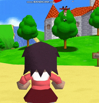a girl in a video game is standing in front of a building