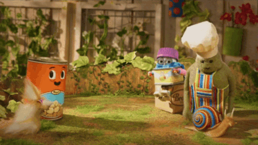 a cartoon scene with a can of beans and a snail