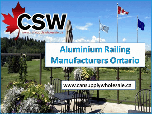an advertisement for csw aluminum railing manufacturers ontario with a picture of a patio