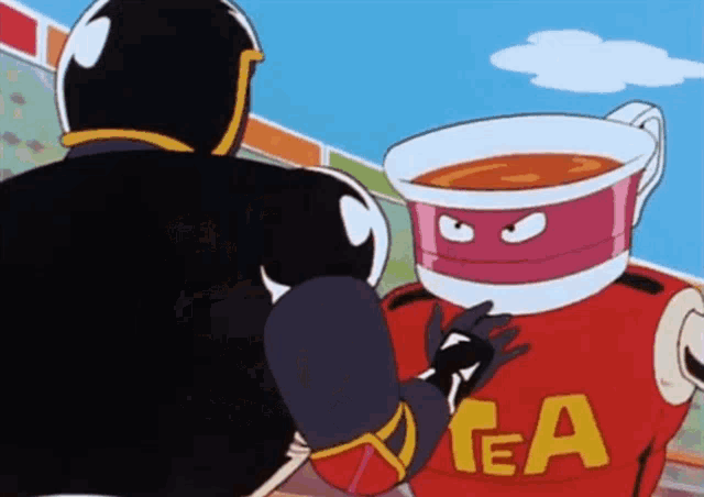 a cartoon character with a cup on his head has the word tea on his shirt