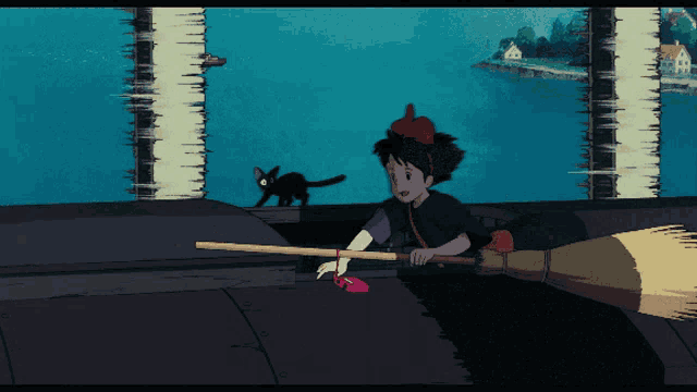 a cartoon of a girl riding a broom with a black cat behind her