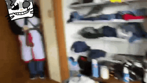 a person in a skeleton costume is standing in a messy closet filled with clothes .